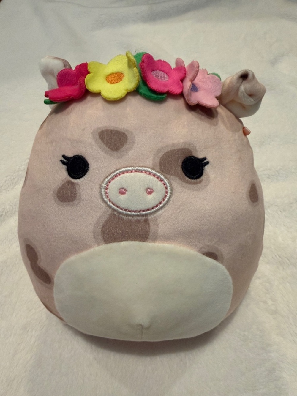Squishmallows Pink Floral Cow Plush with Colorful Flower Crown